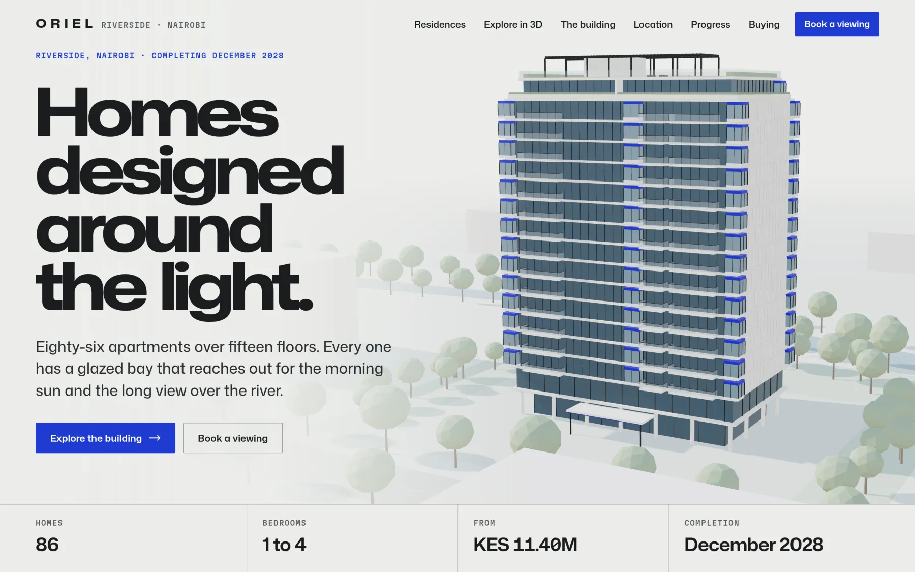 The Oriel home page on a laptop, with the headline "Homes designed around the light" beside the apartment tower drawn in 3D among trees.