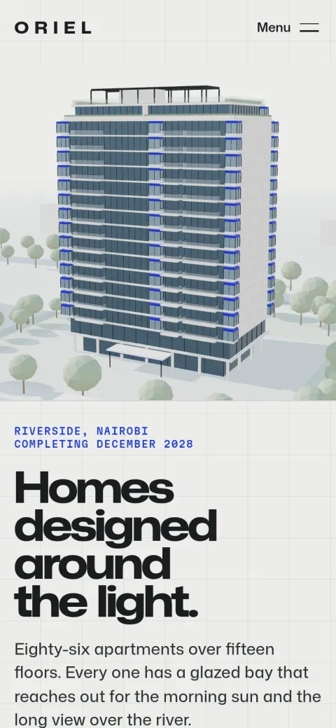 The Oriel home page on a phone, with the tower in 3D above the headline.