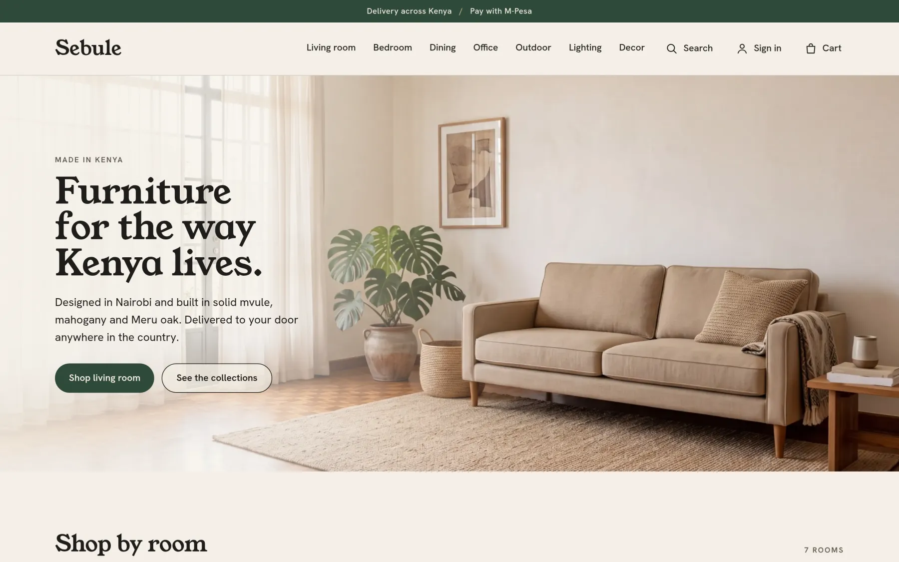 The Sebule home page on a laptop, with the headline "Furniture for the way Kenya lives" beside a sand-coloured sofa in a sunlit room.