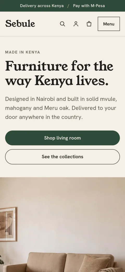 The Sebule home page on a phone, with the headline and two buttons above the photo of the sofa.