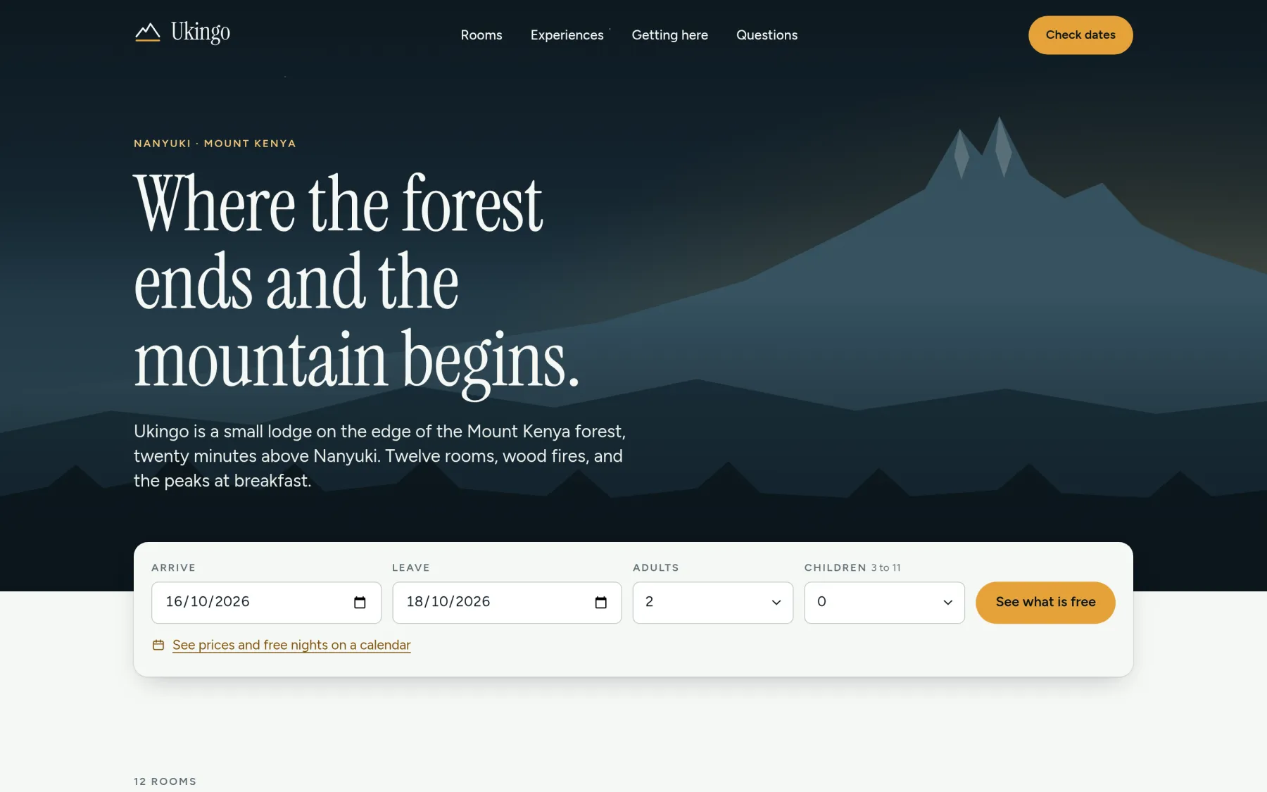 The Ukingo home page on a laptop, with the headline "Where the forest ends and the mountain begins" over a drawing of Mount Kenya at dawn, and a form for choosing dates.