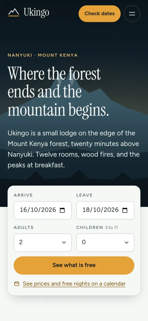 The Ukingo home page on a phone, with the headline above a form for arrival and leaving dates, adults and children.